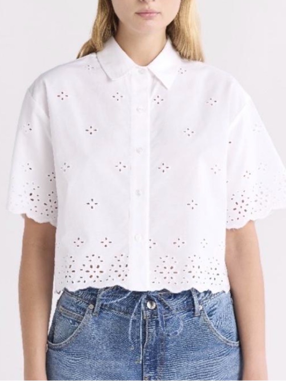 FREE ASSEMBLY CROPPED BUTTON FRONT EYELET SHIRT